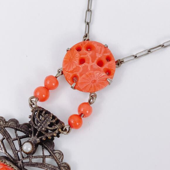 VTG Art Deco Peking Glass Style Red Glass 1920s-1930s Filigree Necklace Pendant - Picture 6 of 16